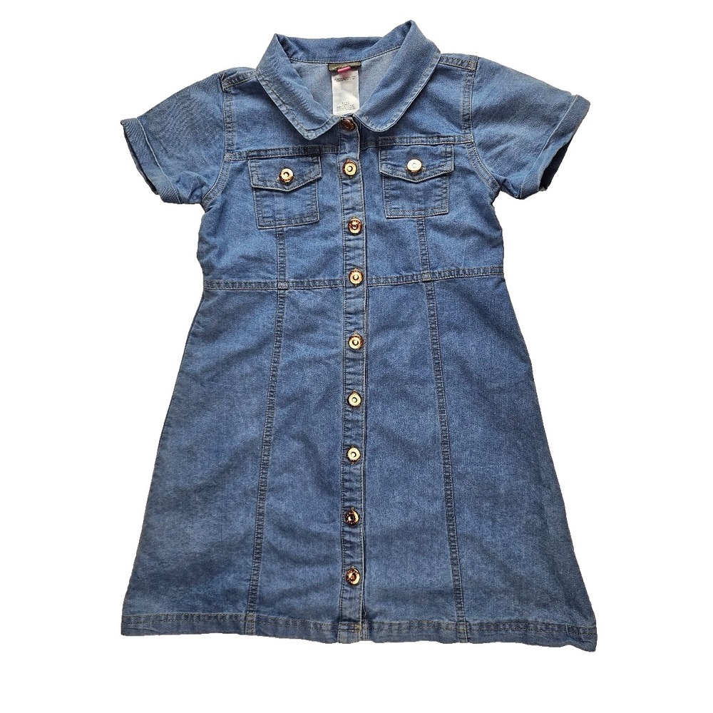 Vince Camuto Girls Sz 10 Jean Denim Dress Short Sleeve Cotton Gold Buttons